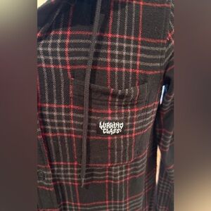 Lurking Class Hooded Flannel Shirt Black Red Plaid Button Up Streetwear Small